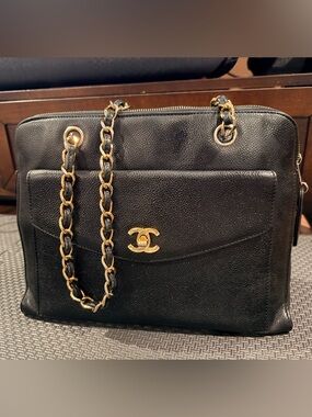 CHANEL Black Caviar Leather Front Pocket Shoulder Bag with Gold Chain